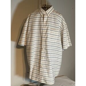 Arrow USA 1851 Mens XXL Striped Short Sleeve Button Down Shirt Tan Blue Casual